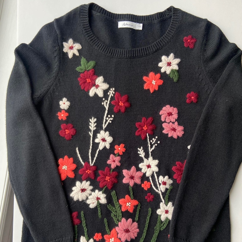 EMBROIDERED COTTON SWEATER GRANNY COTTAGECORE FLORAL KITSCH CROCHET FEMININE